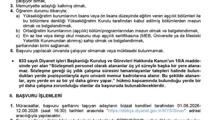2026 Yılı Aşçı Alım (Kurumiçi) Sınavı Duyurusu
